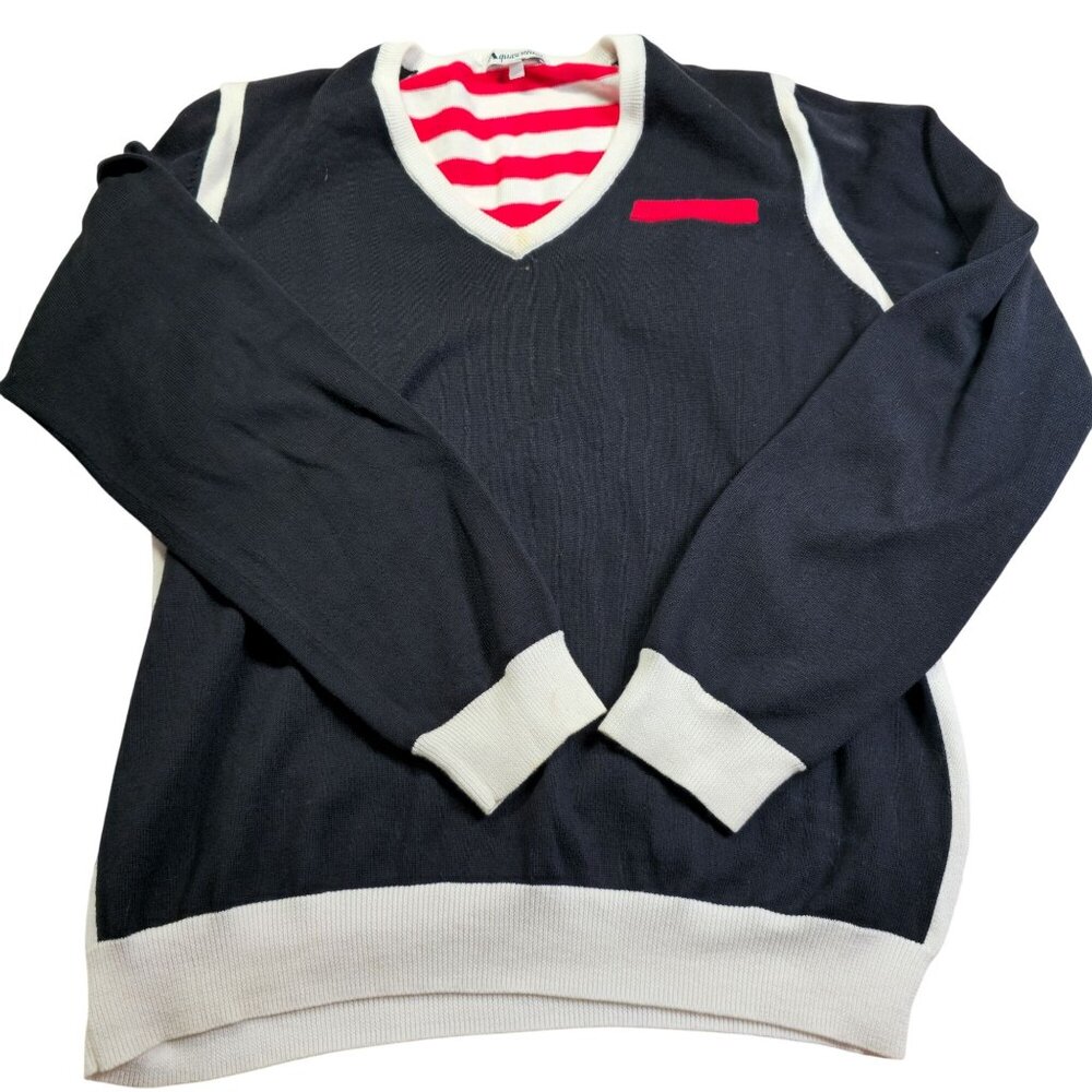 Aquascutum Womens V-Neck Sweater L 100% Cotton Navy Red & White